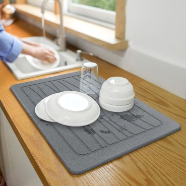 Hard Diatomite Kitchen Dish Drying Mat  (Lines) - Dark Grey