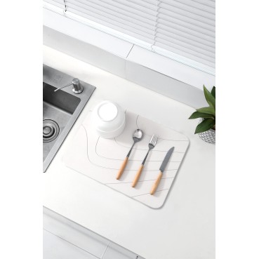 Hard Diatomite Kitchen Dish Drying Mat  (Lines) - Off White