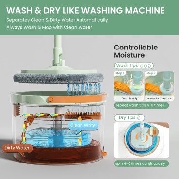 Round Mop and Bucket Set with Clean and Dirty Water Separation - Light Green
