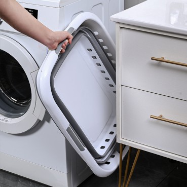 45L Foldable Laundry Washing Basket with 3x Hand Holders and Air-holes - Grey/White