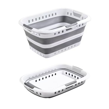 45L Foldable Laundry Washing Basket with 3x Hand Holders and Air-holes - Grey/White