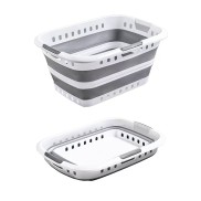 45L Foldable Laundry Washing Basket with 3x Hand Holders and Air-holes - Grey/White